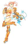 armor armored_boots bare_shoulders blue_eyes boots breastplate detached_collar dragon flail floating_hair full_body gauntlets highres holding holding_shield holding_weapon leg_up microskirt morning_star navel nishieda open_mouth orange_footwear original pink_hair shield short_hair simple_background skirt solo twintails twisted_torso weapon white_background wind wind_lift 
