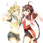  2girls :d ;d ahoge blonde_hair bow bow_hairband braid braided_ponytail breasts brown_hair dress godlailer grey_sailor_collar hairband highres holding_hands jacket kagamine_rin long_hair long_sleeves looking_at_viewer midriff multiple_girls navel neckerchief one_eye_closed open_hand outstretched_arm pointing pointing_at_viewer ponytail red_dress red_eyes red_hairband sailor_collar shirt short_hair shorts small_breasts smile thighs vocaloid white_background white_bow white_hairband white_jacket white_shirt yellow_neckerchief yuezheng_ling 