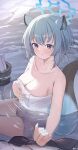  1girl absurdres animal_ears blue_archive blue_halo blush breasts cleavage closed_mouth collarbone green_hair halo highres large_breasts looking_at_viewer medium_hair naked_towel onsen partially_submerged purple_eyes scio_12 shigure_(blue_archive) shigure_(hot_spring)_(blue_archive) smile solo tail towel water weasel_ears weasel_tail white_towel 