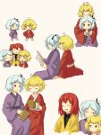  3others absurdres aged_down androgynous antenna_hair baila_kuangzi blonde_hair blue_eyes blue_hair chibi chinese_commentary closed_eyes closed_mouth commentary_request fujiwara_no_iyozane highres hug hug_from_behind japanese_clothes kimono len&#039;en long_sleeves medium_hair multiple_others multiple_views no_nose ooama_no_ake_no_mitori ooya_kunimitsu open_mouth other_focus purple_kimono red_hair red_kimono short_hair side_ponytail sitting smile step-siblings sweat wide_sleeves yellow_eyes 