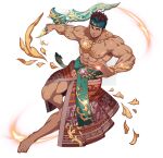  1boy abs alternate_costume armlet bara barefoot belt biceps falling_petals full_service_(mazjojo) gyee highres holding holding_sword holding_weapon jewelry large_pectorals long_skirt male_focus manly mature_male mazjojo muscular muscular_male necklace nipples non-web_source official_alternate_costume official_art oki_ardana pectorals petals skirt solo sword thick_arms thick_eyebrows thick_thighs thighs transparent_background veins weapon 