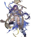  1girl akka altina_(fire_emblem) altina_(unrivaled_dawn)_(fire_emblem) axe bare_shoulders breasts chipped_axe clothing_cutout damaged dual_wielding earrings fire_emblem fire_emblem:_radiant_dawn fire_emblem_heroes hair_tie highres holding holding_axe jewelry large_breasts long_hair navel navel_cutout non-web_source official_alternate_costume official_art open_mouth pelvic_curtain purple_eyes purple_hair smile solo torn_clothes very_long_hair 