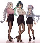  3girls ahoge alternate_costume aqua_eyes arms_behind_back black_footwear black_hair black_skirt braid braided_ponytail breasts brown_pantyhose closed_mouth collared_shirt colored_inner_hair commentary_request crossed_arms expressionless full_body ganyu_(genshin_impact) genshin_impact goat_horns gradient_background green_eyes green_hair green_lips green_nails grey_hair grey_shirt high-waist_skirt high_heels highres horns large_breasts long_hair looking_at_viewer medium_breasts multicolored_hair multiple_girls office_lady ojo_aa pantyhose parted_lips pencil_skirt pink_skirt purple_eyes red-framed_eyewear semi-rimless_eyewear shenhe_(genshin_impact) shirt side_slit signature simple_background single_braid skirt smile very_long_hair white_background white_shirt xianyun_(genshin_impact) 