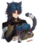  1boy :&lt; animal animal_ears bandaged_arm bandaged_hand bandaged_tail bandages blade_(honkai:_star_rail) blue_hair cat cat_boy cat_ears cat_tail closed_mouth critter_pick_(honkai:_star_rail) cropped_torso fang geebee_79 gloves hair_between_eyes highres honkai:_star_rail honkai_(series) long_hair long_sleeves male_focus multicolored_hair purple_hair red_eyes simple_background single_glove tail upper_body white_background 