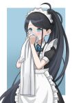  1girl absurdly_long_hair apron aris_(blue_archive) aris_(maid)_(blue_archive) black_hair blue_archive blue_bow blue_bowtie blue_eyes blush bow bowtie bruce8763 commentary_request forehead halo highres holding holding_clothes holding_shirt long_hair looking_at_viewer maid maid_apron parted_bangs shirt short_sleeves side_ponytail sidelocks simple_background smelling solo two-tone_background very_long_hair white_shirt 