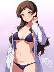  1girl bikini blush breasts brown_hair buttons character_name cleavage closed_mouth collarbone commentary_request cowboy_shot gradient_background groin halterneck hand_in_pocket hand_up happy_birthday highres idolmaster idolmaster_million_live! jacket kitazawa_shiho large_breasts long_hair long_sleeves looking_at_viewer mei_ichi navel open_clothes open_jacket parted_bangs pocket purple_background purple_bikini smile solo sparkle standing stomach swimsuit wavy_hair white_background white_jacket yellow_eyes 