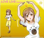  1girl :d :o arms_up brown_footwear brown_hair character_name copyright_name floating_hair full_body kunikida_hanamaru long_hair looking_at_viewer love_live! love_live!_sunshine!! off-shoulder_shirt off_shoulder pants shirt short_sleeves smile solo standing standing_on_one_leg straight_hair striped_background twitter_username upper_body white_shirt yellow_background yellow_eyes yellow_pants yumechiku 