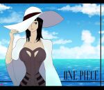  1girl black_hair blunt_bangs cape chris_re5 cloud copyright_name dress english_commentary hand_on_headwear instagram_username large_hat letterboxed looking_at_viewer medium_hair nico_robin ocean one_piece one_piece:_baron_omatsuri_and_the_secret_island purple_dress sky solo twitter_username upper_body white_cape white_headwear 