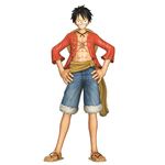  1:1 1boy 3d absurdres black_hair denim denim_shorts full_body hands_on_hips highres male male_focus monkey_d_luffy oda_eiichirou official_art one_piece one_piece:_pirate_warriors open_clothes open_shirt red_shirt sandals scar shirt shorts simple_background smile solo white_background 