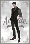  1boy argyle argyle_background black_gloves black_pants black_vest blue_eyes border brown_footwear brown_hair buttons closed_mouth collared_shirt dress_shoes english_text from_side full_body gloves go_e_0000 grey_border grey_shirt grey_socks hands_in_pockets highres inset_border lips looking_at_viewer male_focus mature_male monochrome_background necktie nose original ornate_border pant_suit pants red_necktie shirt short_hair sleeves_rolled_up socks solo standing suit text_background undercut vest 