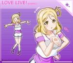  1girl ;d bike_shorts blonde_hair blowing_kiss braid character_name clothing_cutout copyright_name crown_braid dolphin_shorts full_body grey_shorts hand_on_own_hip leaning_forward long_hair looking_at_viewer love_live! love_live!_sunshine!! ohara_mari one_eye_closed outstretched_arms parted_bangs pink_footwear purple_shirt shirt short_shorts short_sleeves shorts shorts_under_shorts shoulder_cutout smile socks solo striped_background twitter_username upper_body white_shorts white_socks yellow_eyes yumechiku 