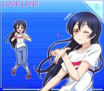  1girl artist_name blowing_kiss blue_background blue_hair blue_pants blush character_name copyright_name embarrassed floating_hair full_body long_hair love_live! love_live!_school_idol_project one_eye_closed open_mouth pants red_footwear shirt short_sleeves solo sonoda_umi standing straight_hair striped_background t-shirt upper_body very_long_hair white_shirt wristband yellow_eyes yumechiku 