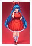  1girl blue_eyes blue_hair border bow breasts character_request cloudxmoe commission commissioner_name copyright_request dress english_commentary english_text full_body hair_between_eyes hair_bow highres large_breasts long_hair looking_at_viewer open_mouth outside_border red_background red_bow red_dress red_footwear short_sleeves simple_background socks solo standing teeth upper_teeth_only white_border white_socks 