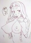  1girl breasts cardigan collarbone commentary_request hair_ornament highres huge_breasts long_hair long_sleeves looking_at_viewer machita_chima monochrome nijisanji nipples open_cardigan open_clothes solo thick_eyebrows traditional_media tsukareta_san upper_body virtual_youtuber 