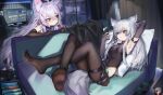  2girls animal_ears black_gloves elbow_gloves gloves green_eyes grey_hair hatsune_miku highres monitor moyume multiple_girls original purple_eyes purple_hair steam tail thighs vocaloid wolf_ears wolf_tail 