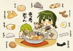  1girl bird blush_stickers bowl braid chopsticks duck eating egg_(food) food food_request fuu_(ozu_(oz_yarimasu)) green_eyes green_hair guu_(ozu_(oz_yarimasu)) hair_bobbles hair_ornament highres holding holding_bowl holding_chopsticks jitome long_sleeves open_mouth original ozu_(oz_yarimasu) sausage short_hair translation_request twin_braids 