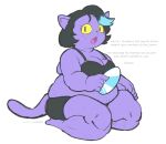 :o anarchoblues anthro black_bra black_clothing black_hair black_underwear bra breasts catty_(undertale) cleavage clothed clothing cute_fangs dialogue domestic_cat dvd eyelashes fat_legs felid feline felis female fur hair hi_res highlights_(coloring) mammal open_mouth overweight overweight_anthro overweight_female pupils purple_body purple_ears purple_fur purple_tail sharp_teeth short_hair simple_background sitting_on_knees slit_pupils solo tail teeth thick_thighs undertale_(series) underwear underwear_only white_background yellow_sclera