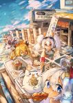  4girls absurdres alternate_costume animal_ears arms_up azur_lane beach blonde_hair blue_eyes closed_eyes crab_on_head day drill_hair eating eyewear_on_head fake_animal_ears fang hair_ornament hairpin highres laffey_(azur_lane) meowfficer_(azur_lane) multiple_girls open_mouth outdoors prototype_bulin_mkii_(azur_lane) purple_hair rabbit_ears red_eyes seashell shell skin_fang specialized_bulin_mkiii_(azur_lane) summer suwapurin twin_drills twintails universal_bulin_(azur_lane) white_hair 