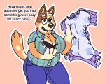 anthro australian_cattle_dog befuddledbunny big_breasts big_diaper bluey_(series) breasts canid canine canis cattledog chilli_heeler diaper domestic_dog female herding_dog hi_res holding_diaper mammal open_diaper pastoral_dog solo talking_to_viewer touching_diaper unbuttoning_shirt