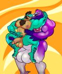 abdominal_bulge anthro areola avian big_areola big_nipples big_pecs big_penis bird dinosaur duo genitals grumpyfloof hi_res holding_another holding_belly huge_areola huge_nipples huge_pecs huge_penis hyper hyper_genitalia hyper_penis keith_greenwood looking_at_another male male/male nipples pecs penis reptile scalie size_difference trick_rex_(character)