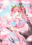  bad_id bad_pixiv_id boots cherry_blossoms detached_sleeves hatsune_miku in_tree long_hair petals pink_eyes pink_footwear pink_hair sakura_miku sitting sitting_in_tree skirt solo thigh_boots thighhighs tree twintails vocaloid wataame27 