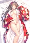  1girl absurdres areola_slip bed_sheet black_hair blush breasts feet_out_of_frame floral_print groin hair_between_eyes hair_ornament hairband hairclip haruna_(kancolle) highres japanese_clothes kantai_collection kimono large_breasts long_sleeves looking_at_viewer navel open_mouth print_kimono red_kimono ryu-akt signature solo white_hairband wide_sleeves yellow_eyes 