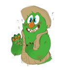 2022 anthro black_claws blush brown_clothing brown_hat brown_headwear brown_topwear brown_vest bugsnax claws clothing crocs digital_media_(artwork) female footwear fur green_body green_eyes green_fur green_hair grumpus hair happy hat headgear headwear hi_res orange_nose orange_pawpads pawpads pie_cut_eyes shaibey smile solo star teeth tongue topwear triffany_lottablog vest young_horses