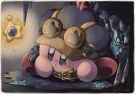  1boy belt blue_headwear border cave_interior colored_skin commentary_request compass crystal goggles goggles_on_head highres k_aron33 kirby kirby_(series) pink_skin pouch stalactite stalagmite star_(symbol) tears translation_request white_border 