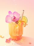  artist_name commentary_request crescent cup drink drinking_glass drinking_straw flower food food_focus fruit garnish gradient_background highres huhv. ice lime_(fruit) lime_slice no_humans original pink_flower star_(symbol) still_life yellow_flower 