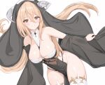  1girl azur_lane between_breasts blonde_hair breast_cutout breasts cleavage commentary cowboy_shot fake_horns habit hair_between_eyes horns implacable_(azur_lane) large_breasts leaning_forward long_sleeves looking_at_viewer nun orange_eyes pelvic_curtain revealing_clothes sa_(nax49) simple_background solo thighhighs white_background white_horns white_thighhighs wide_sleeves 
