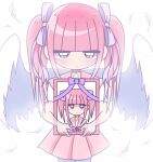  1girl angel angel_wings blunt_bangs blush closed_mouth collar ezaki_bisuko feathered_wings feathers ghost hair_ribbon hexagram highres holding holding_photo iei implied_death jewelry looking_at_viewer menhera-chan_(ezaki_bisuko) menhera-chan_(ezaki_bisuko)_(character) necklace photo_(object) picture_frame pink_hair pink_sailor_collar pleated_skirt purple_collar purple_eyes ribbon sad sailor_collar school_uniform serafuku short_hair sidelocks simple_background skirt solo star_of_david thighhighs transparent_limb twintails wavy_eyes white_background white_feathers white_serafuku white_thighhighs wings 