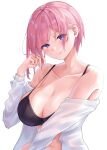  1girl bare_shoulders black_bra blue_eyes bra breasts cleavage closed_mouth collarbone go-toubun_no_hanayome highres long_sleeves looking_at_viewer nakano_ichika off_shoulder pink_hair playing_with_own_hair shirt short_hair simple_background solo underwear upper_body uyufuzi_s white_background white_shirt 