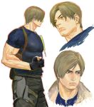  123456dyom 1boy absurdres bara black_gloves black_pants black_shirt blue_eyes brown_hair clenched_hand closed_mouth curtained_hair fingerless_gloves gloves highres holster knife_sheath large_pectorals leon_s._kennedy muscular muscular_male pants pectorals resident_evil resident_evil_4 resident_evil_4_(remake) sheath shirt short_hair shoulder_holster simple_background white_background 