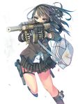  aiming assault_rifle bag blue_eyes brown_hair casing_ejection daito ear_protection glock gloves gun hairband handgun highres holster kneehighs left-handed long_hair m4_carbine omamori original pistol plaid plaid_scarf pleated_skirt rifle scarf scarf_over_mouth school_bag school_uniform shell_casing simple_background skirt smoke solo suppressor thigh_holster vertical_foregrip weapon white_background 