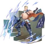  1boy abs armpits bara belt biceps blonde_hair blue_eyes boots cape delafere_(gyee) electricity facial_hair fingerless_gloves gauntlets gloves gyee highres holding holding_polearm holding_weapon itto_(mentaiko) leather leather_belt leg_armor loincloth looking_at_viewer male_focus manly nipples non-web_source official_art pants pectorals polearm short_hair smirk solo spear spiked_hair stairs stone_stairs stubble thick_arms thick_eyebrows topless_male weapon 