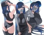  1girl arm_up ass bare_shoulders black_dress black_headwear black_panties black_thighhighs blue_archive blue_eyes blue_hair blue_halo breasts covered_mouth dongtan_dress dress halo highres hood_(james_x) large_breasts long_hair long_sleeves looking_at_viewer mask meme_attire mouth_mask multiple_views panties saori_(blue_archive) simple_background thighhighs thighs underwear white_background 