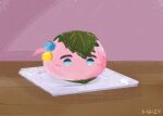  abstract_background aqua_eyes blush bocchi_the_rock! bocchidaily character_counter_request commentary cube_hair_ornament dated english_commentary food foodification gotoh_hitori hair_ornament leaf no_mouth no_nose plate sakura_mochi wagashi 