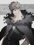  1boy absurdres arm_at_side artist_name asymmetrical_bangs asymmetrical_hair belt belt_buckle bishounen black_belt buckle cape closed_mouth collarbone commission cowboy_shot english_text eyepatch from_side fur_collar go_e_0000 grey_background grey_cape grey_tunic grin highres layered_clothes leaning_back looking_at_viewer male_focus nose original parted_lips red_eyes short_bangs short_hair simple_background skeb_commission smile solo standing teeth thank_you tunic two-tone_background white_hair 