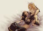  1girl blonde_hair blue_eyes blush bow brother_and_sister closed_eyes cum ejaculation eud_(systemblue) footjob hair_bow hair_ornament hairband hairclip headset hetero incest kagamine_len kagamine_rin penis shorts shorts_pull siblings socks twincest twins underwear_pull vocaloid 