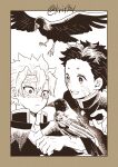  2boys animal bird bird_on_hand border brown_theme crow demon_slayer_uniform hair_between_eyes hand_up highres jacket kimetsu_no_yaiba krit kumeno_masachika long_sleeves male_focus monochrome multiple_boys pointing portrait scar scar_on_arm scar_on_cheek scar_on_chest scar_on_face scar_on_forehead scar_on_nose shinazugawa_sanemi short_hair simple_background surprised twitter_username 