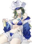  1girl arknights artist_name bikini blue-tinted_eyewear blue_bikini breasts gavial_(arknights) gavial_the_invincible_(arknights) gavial_the_invincible_(holiday)_(arknights) green_hair grey_shorts hat highres hyun1136297 jacket large_breasts long_hair long_sleeves looking_at_viewer navel octagonal_eyewear official_alternate_costume one_eye_closed open_clothes open_fly open_jacket oripathy_lesion_(arknights) pointy_ears short_shorts shorts simple_background smile solo sunglasses swimsuit tinted_eyewear tricorne white_background white_headwear yellow_eyes 