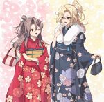  2girls absurdres bag black_kimono blonde_hair blush brown_eyes commission floral_print grey_eyes high_ponytail highres holding holding_bag hornet_(kancolle) japanese_clothes kanmiya_shinobu kantai_collection kimono light_brown_hair long_hair long_sleeves multiple_girls obi one_eye_closed open_mouth print_kimono red_kimono sash skeb_commission smile white_fur wide_sleeves zuihou_(kancolle) 