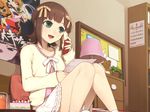  amami_haruka blush brown_hair cake calendar_(object) cellphone chest_of_drawers drink food green_eyes hair_ribbon hitoto idolmaster idolmaster_(classic) lamp open_mouth paper phone plant poster_(object) potted_plant ribbon short_hair sitting skirt smile solo stuffed_animal stuffed_toy teddy_bear 