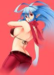  back bad_id bad_pixiv_id belt bikini_top blue_hair butt_crack denim disgaea disgaea_d2 genderswap genderswap_(mtf) grin highres jeans kurokuro laharl laharl-chan long_hair looking_back no_panties pants pointy_ears simple_background smile solo 