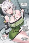  1girl absurdres animal_ear_fluff animal_ears arknights arm_support bare_shoulders black_choker breasts cat_ears choker cleavage commentary dress green_dress green_eyes halterneck hand_up highres indoors kal&#039;tsit_(arknights) kanta_(kanta_077) large_breasts long_hair off_shoulder open_mouth pencil_dress short_dress sitting solo speech_bubble thighs white_hair 