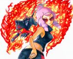  1girl back bare_arms bare_shoulders black_fur black_pants black_tank_top breasts cat fire kitten litten looking_back malva_(pokemon) medium_breasts midriff orange-tinted_eyewear pants pink_hair pokemon pokemon_(creature) pokemon_xy red-tinted_eyewear red_eyes red_fur short_hair_with_long_locks short_ponytail sidelocks sunglasses tank_top tinted_eyewear two-tone_fur two-tone_pants yuka_(yukaaaaaaa0705) 