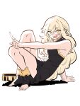  1girl bare_legs black_dress blonde_hair blush braid braided_ponytail dress excalibur_(player) from_side full_body highres index_finger_raised layer_(layer_illust) long_hair looking_at_viewer open_mouth player_(webtoon) sitting sleeveless smile toes 