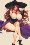  1girl bare_shoulders black_footwear black_headwear breasts brown_background brown_eyes brown_hair cleavage closed_mouth collarbone commentary_request crossed_legs dragon&#039;s_crown gurimjang hat highres huge_breasts legs lips long_hair looking_at_viewer shoes simple_background sitting smile solo sorceress_(dragon&#039;s_crown) thighs witch_hat 