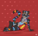 absurd_res anthro balls box_of_chocolates candy chest_fur chocolate dessert erection felid flirting food genitals hi_res holidays katxfish lying male mammal navel nude pantherine paws penis raised_tail smile smiley_face solo striped_body stripes tail tiger valentine&#039;s_day
