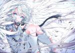  1girl aqua_eyes barefoot cable grey_jacket grey_pants highres jacket long_sleeves looking_at_viewer muto_(n0sug4r) original pants respirator short_hair solo white_hair white_wings wings 